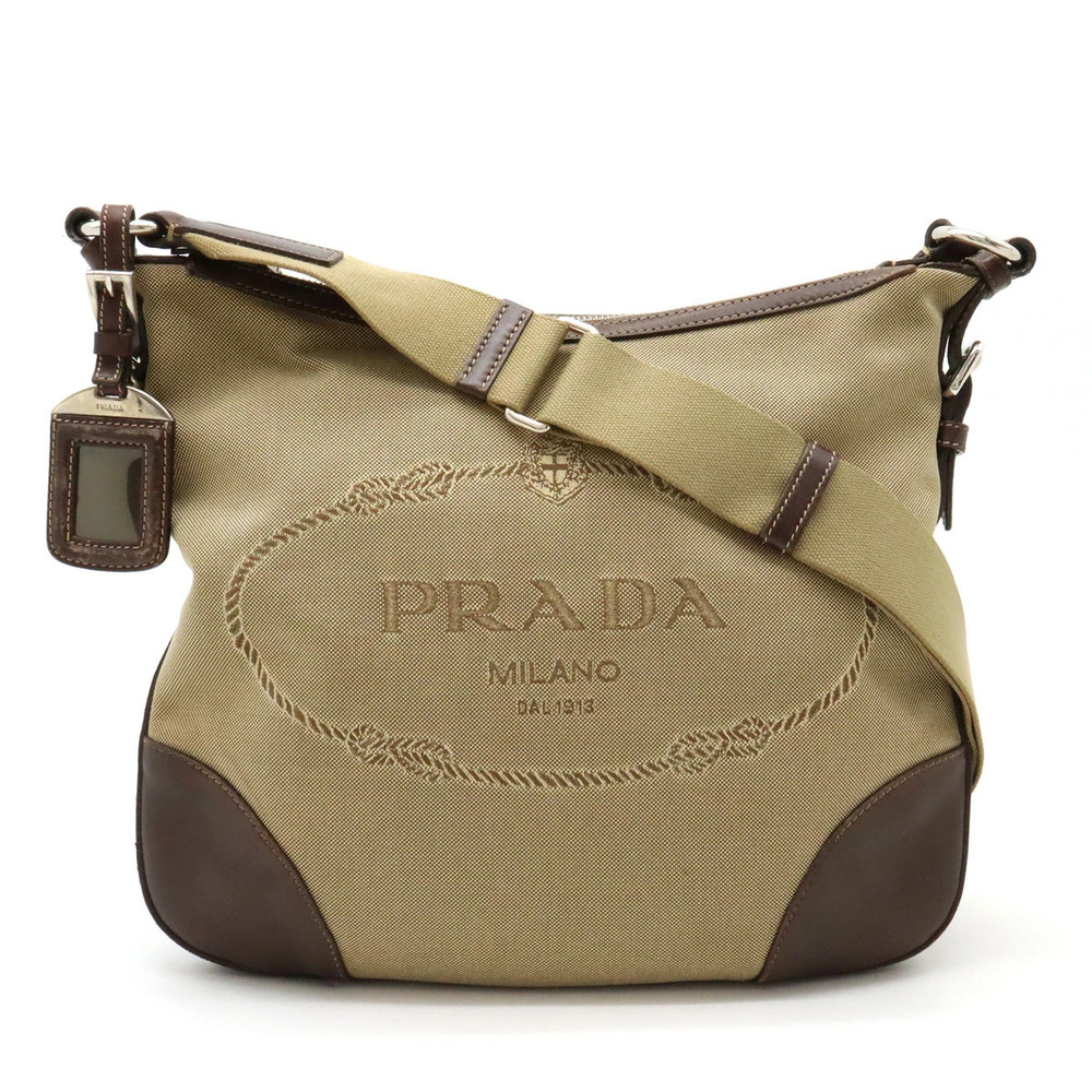 Prada jacquard Crossbody Bag canvas leather Beige Brown Cream